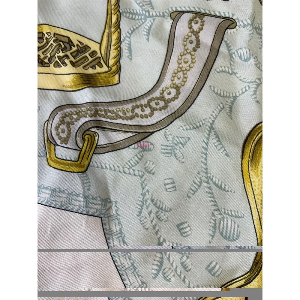Hermes Scarf Carre 90 Etriers Silk Light Blue Gold Equestrian Design France Flaw